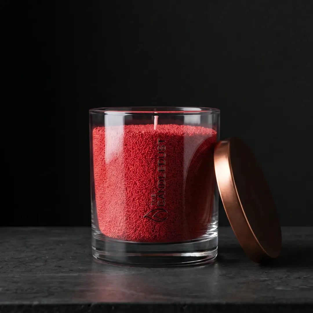 Unlit Candledust Red unscented pearled candle in a 160g glass jar with cotton wick on a wooden table