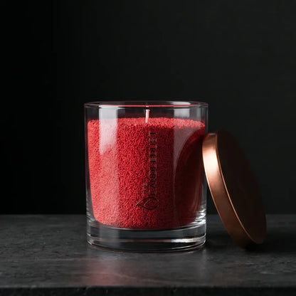 Unlit Candledust Red unscented pearled candle in a 160g glass jar with cotton wick on a wooden table