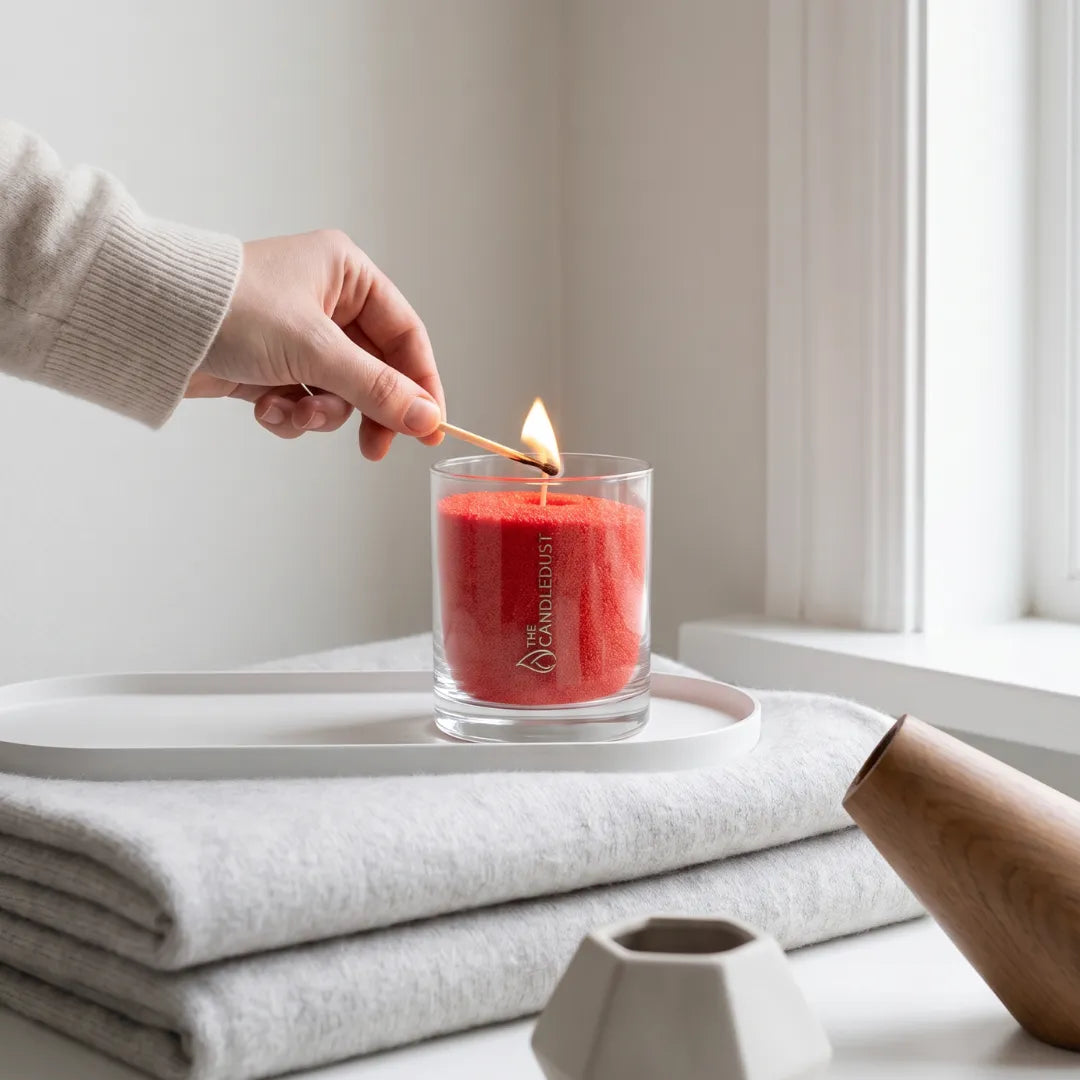 Close-up of a woman's hand lighting the cotton wick of a Red unscented pearled sand candle in glass