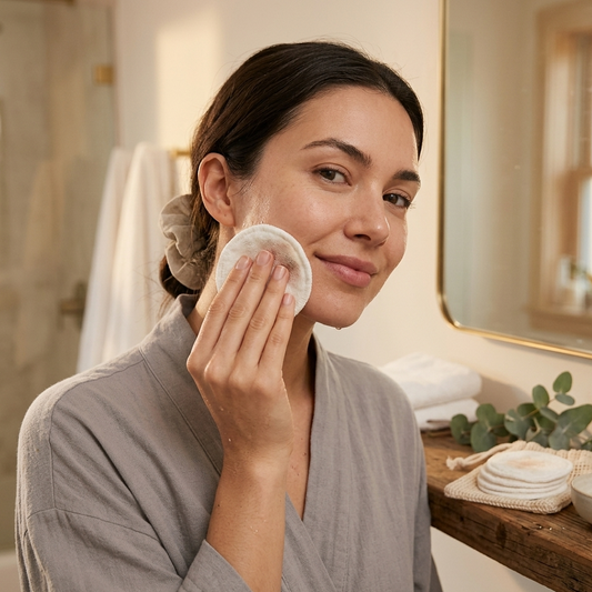 Using soft reusable facial cotton pad with cleansing water on skin