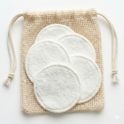 BeNat Reusable Facial Rounds Pads 5-pack in zero-waste eco-friendly packaging with cotton bag
