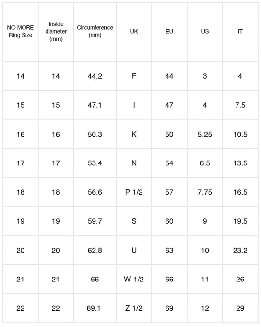 No more Ring size chart with measurements in millimeters, circumference, UK, EU, US, and IT sizes.