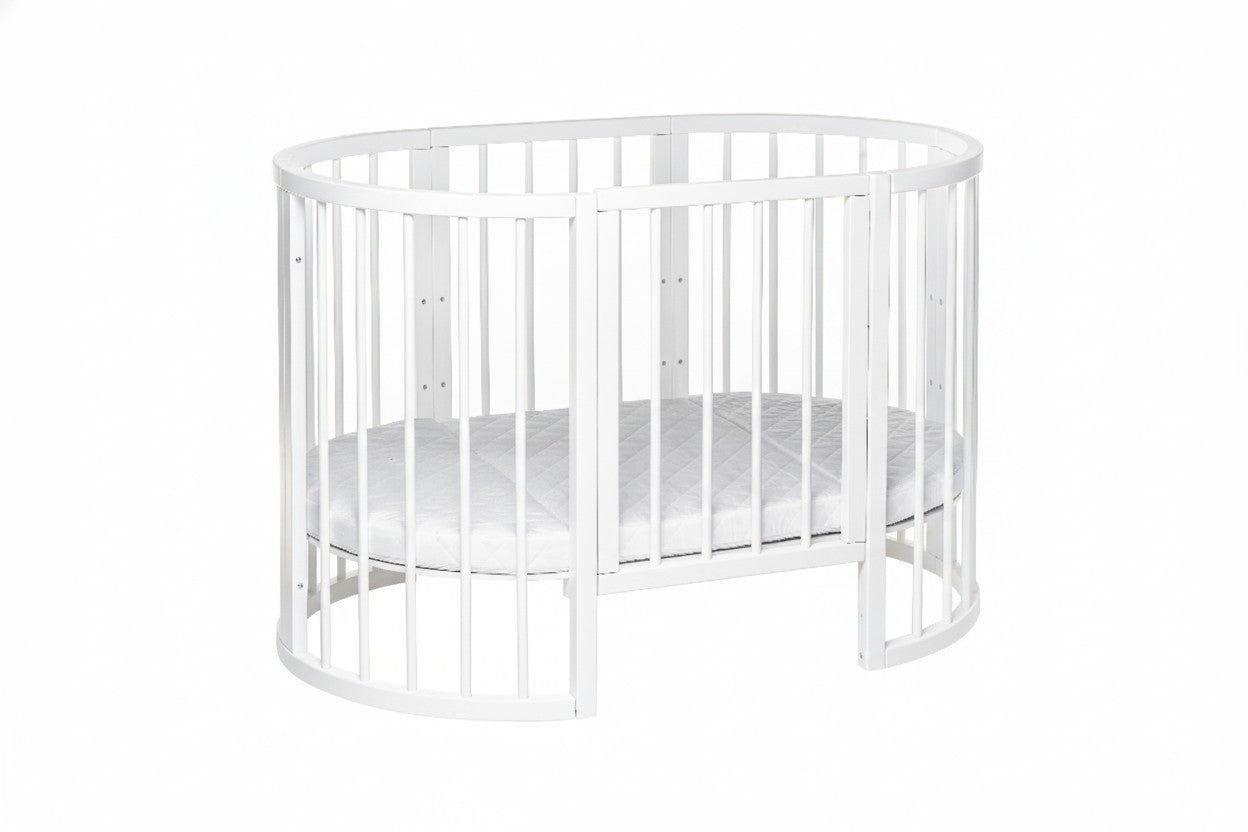 KOTTO Olin space-saving round baby crib in a clean white finish - Level 1 -