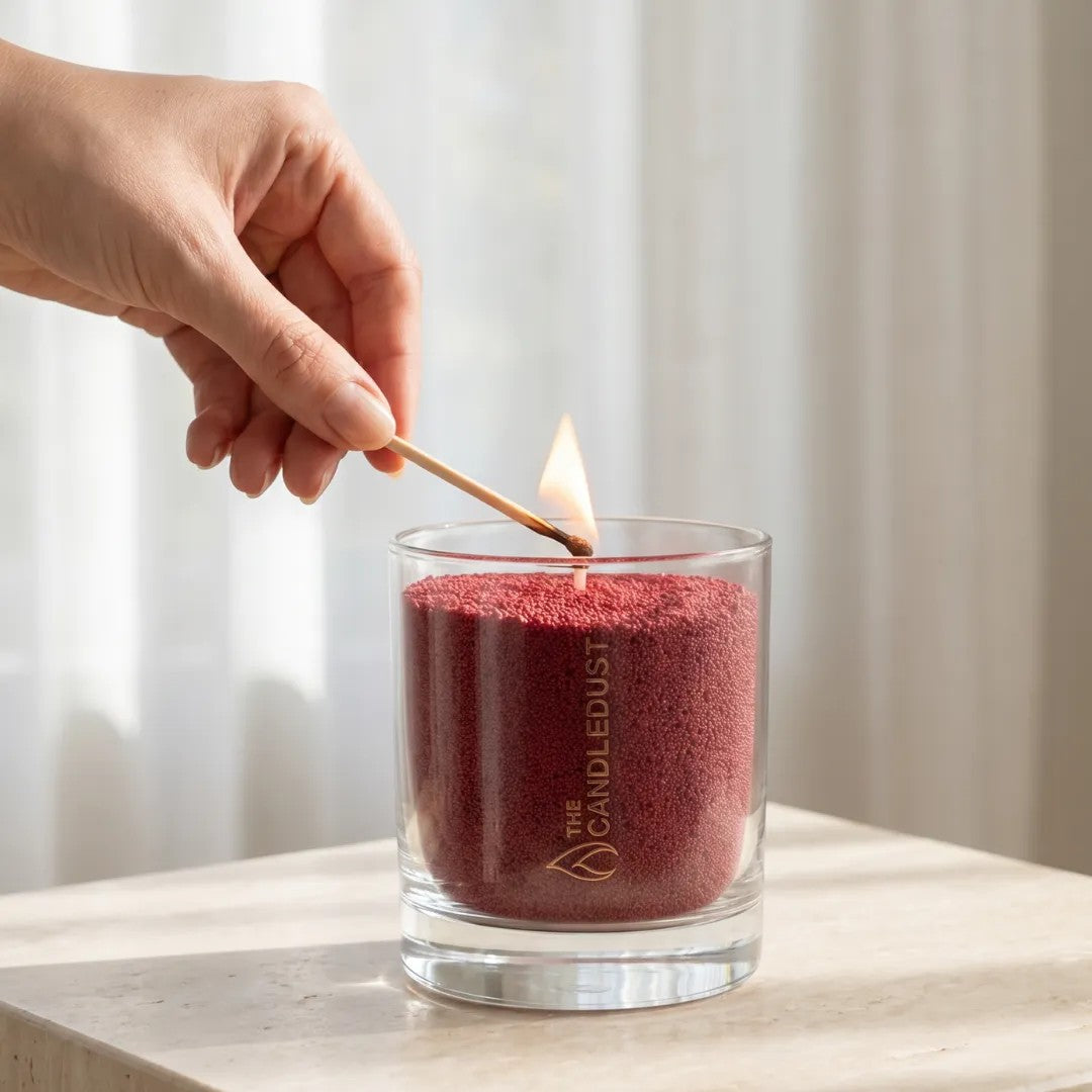Close-up of a woman's hand lighting the cotton wick of a Sangria Red unscented pearled sand candle in glass