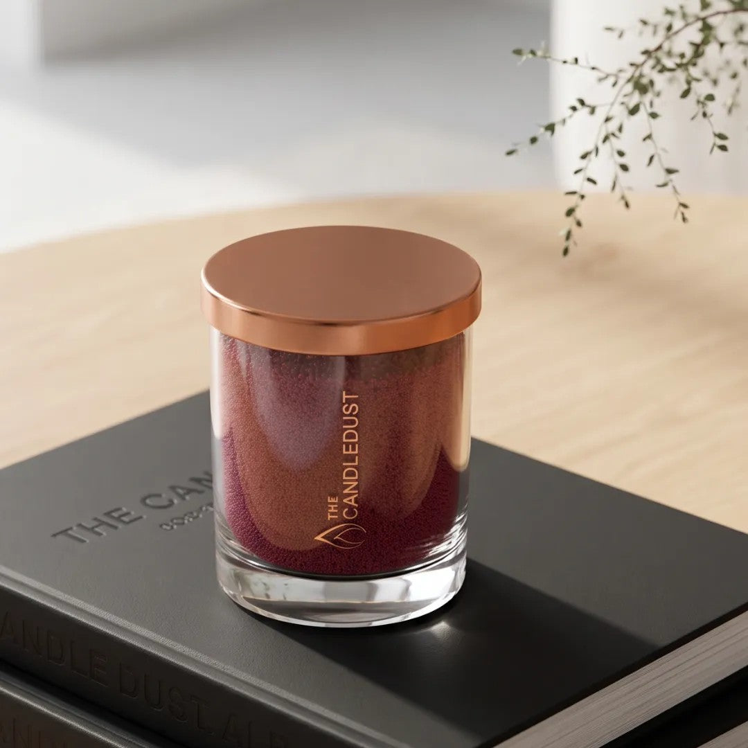 Candledust Sangria Red unscented pearled candle in a 160g glass jar on stacked books