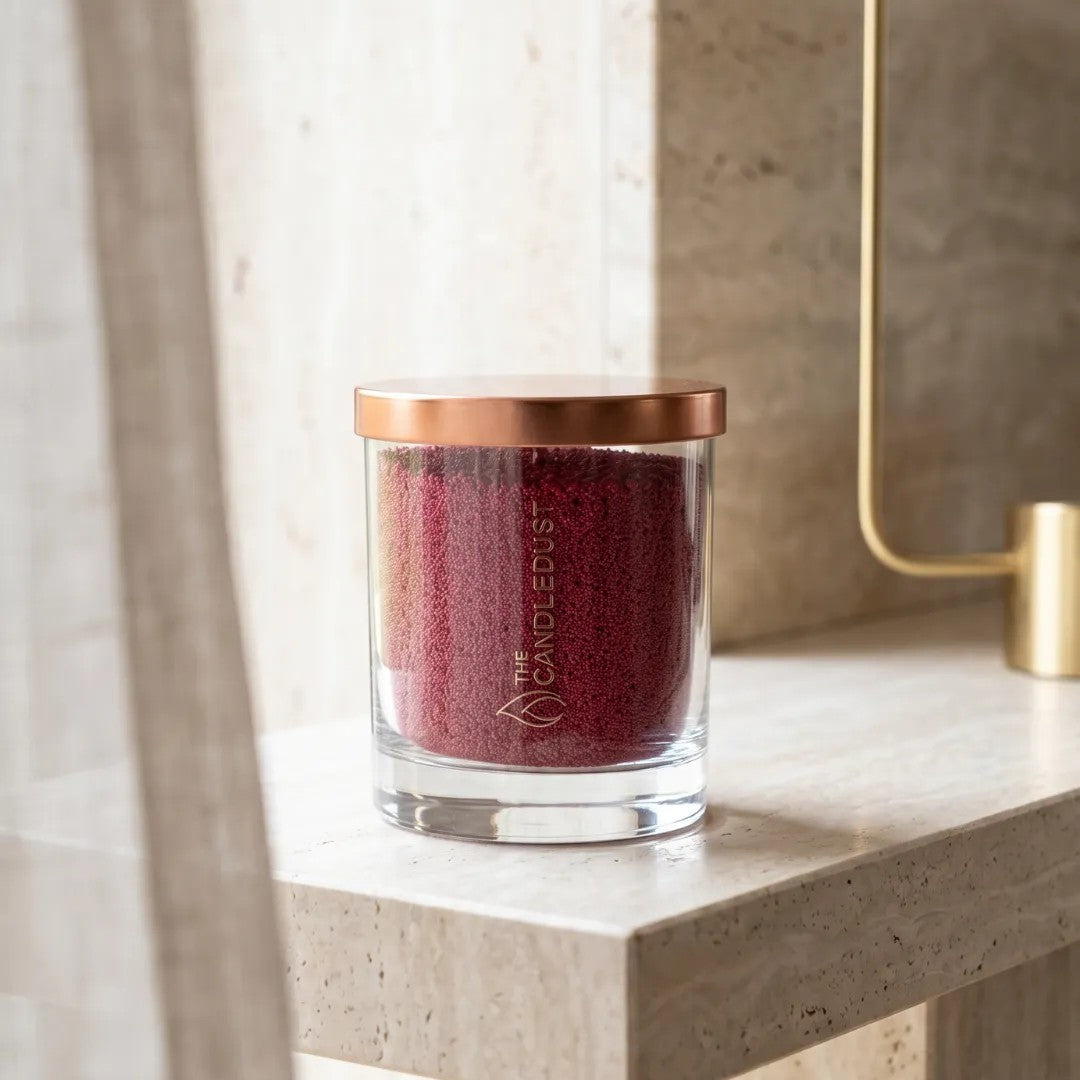  Candledust Sangria Red unscented pearled candle in a 160g glass jar on a refined marble countertop