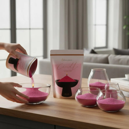Woman filling decorative glass candle holders with Sangria natural pearled candle sand