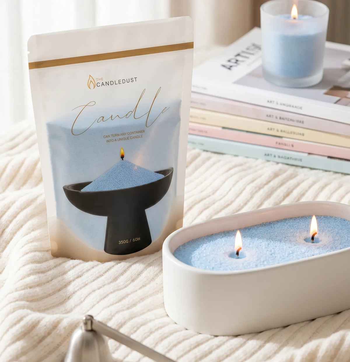 Modern home interior styling featuring an Lit Sky Blue pearled sand candle and 1kg refill pouch 
