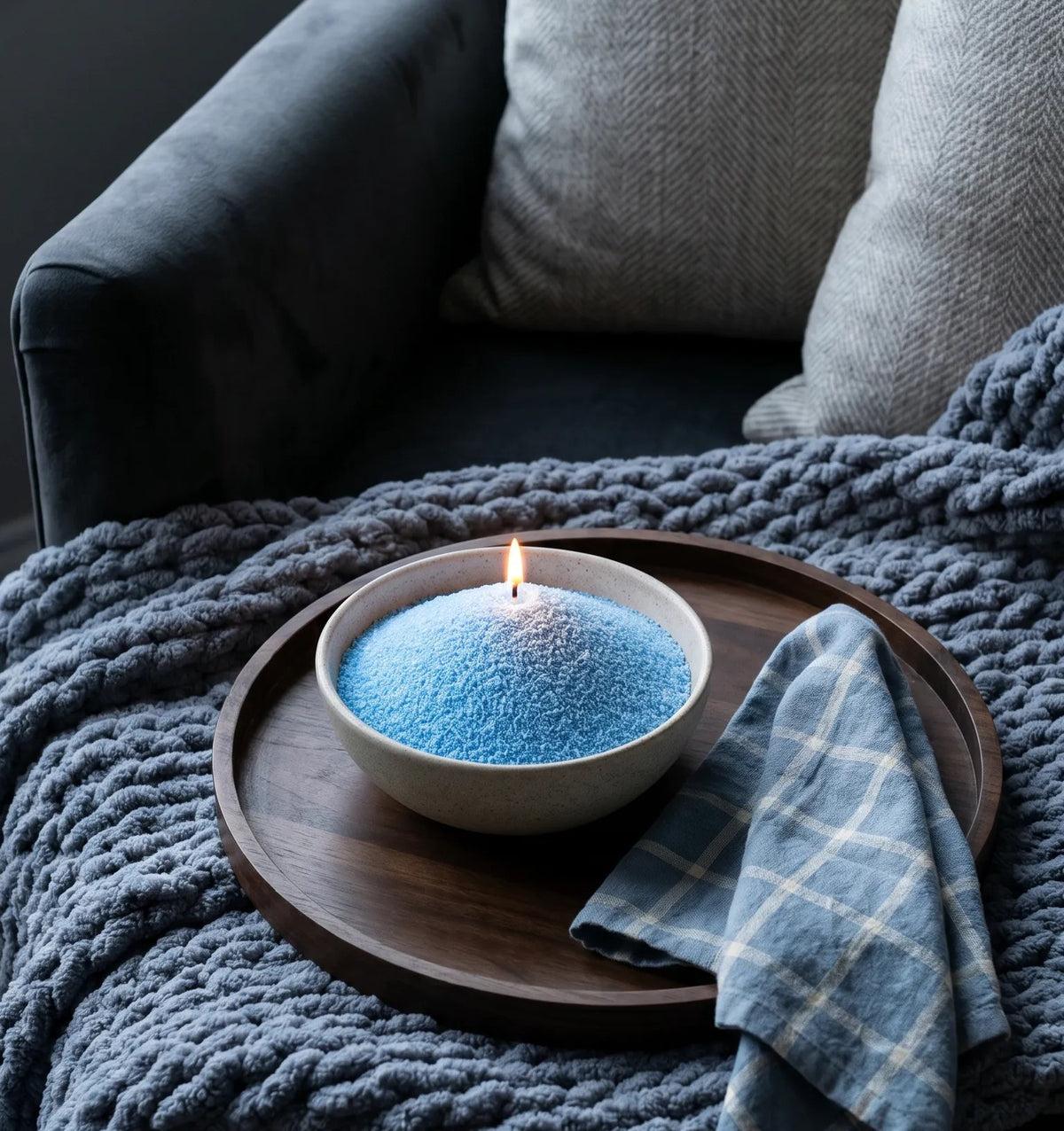 Elegant vase filled with Sky Blue pearled candle sand and lit cotton wicks resting on an elegant sofa