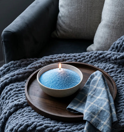 Elegant vase filled with Sky Blue pearled candle sand and lit cotton wicks resting on an elegant sofa