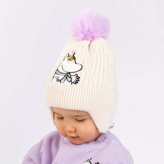 Toddler wearing the Moomin Snorkmaiden kids winter beanie on a clean background