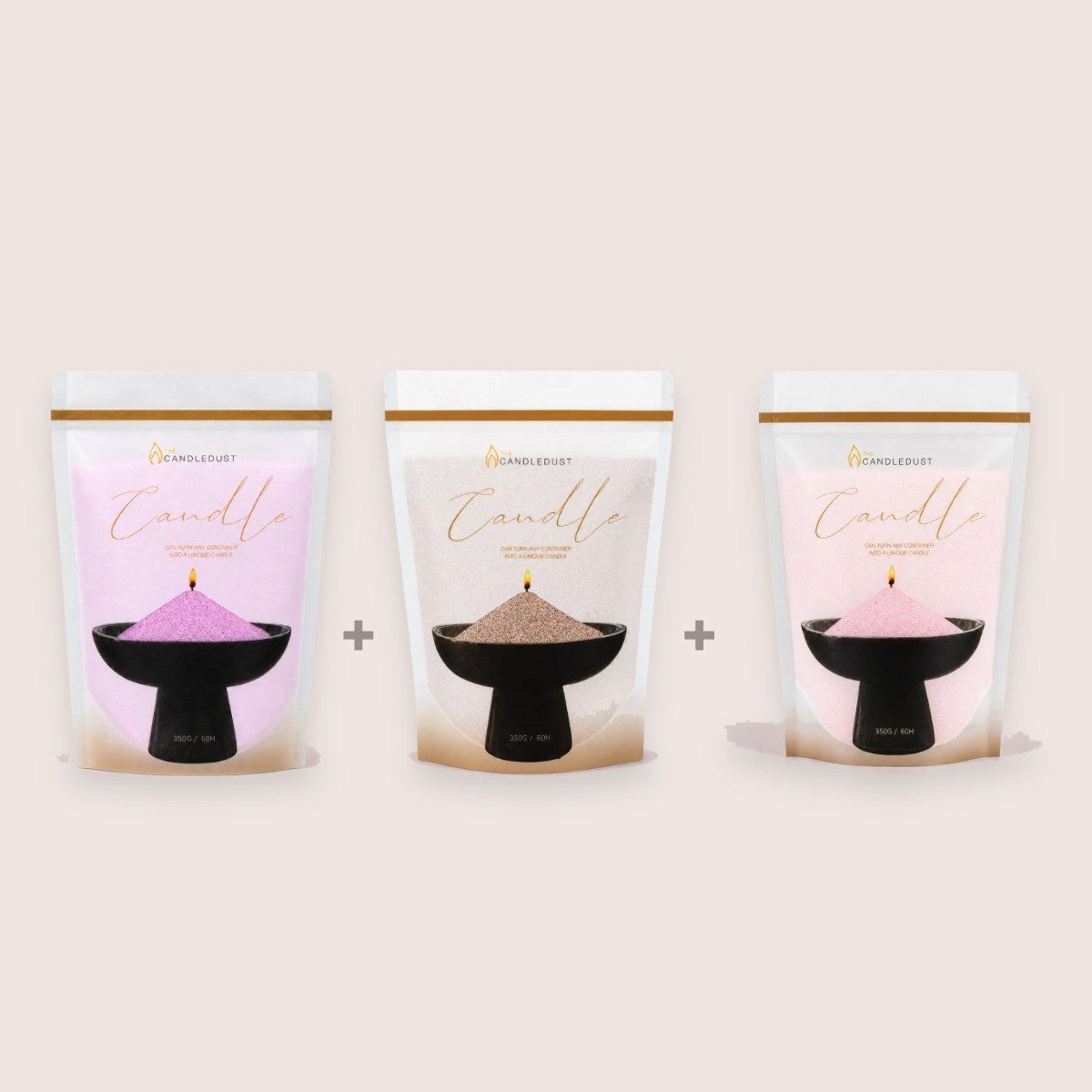 Candledust Soft Pastels unscented pearled candle sand refill trio featuring Lilac, Nude, and Baby Pink in 350g resealable pouches