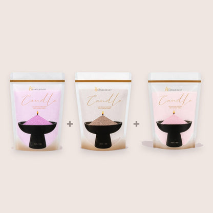 Candledust Soft Pastels unscented pearled candle sand refill trio featuring Lilac, Nude, and Baby Pink in 350g resealable pouches