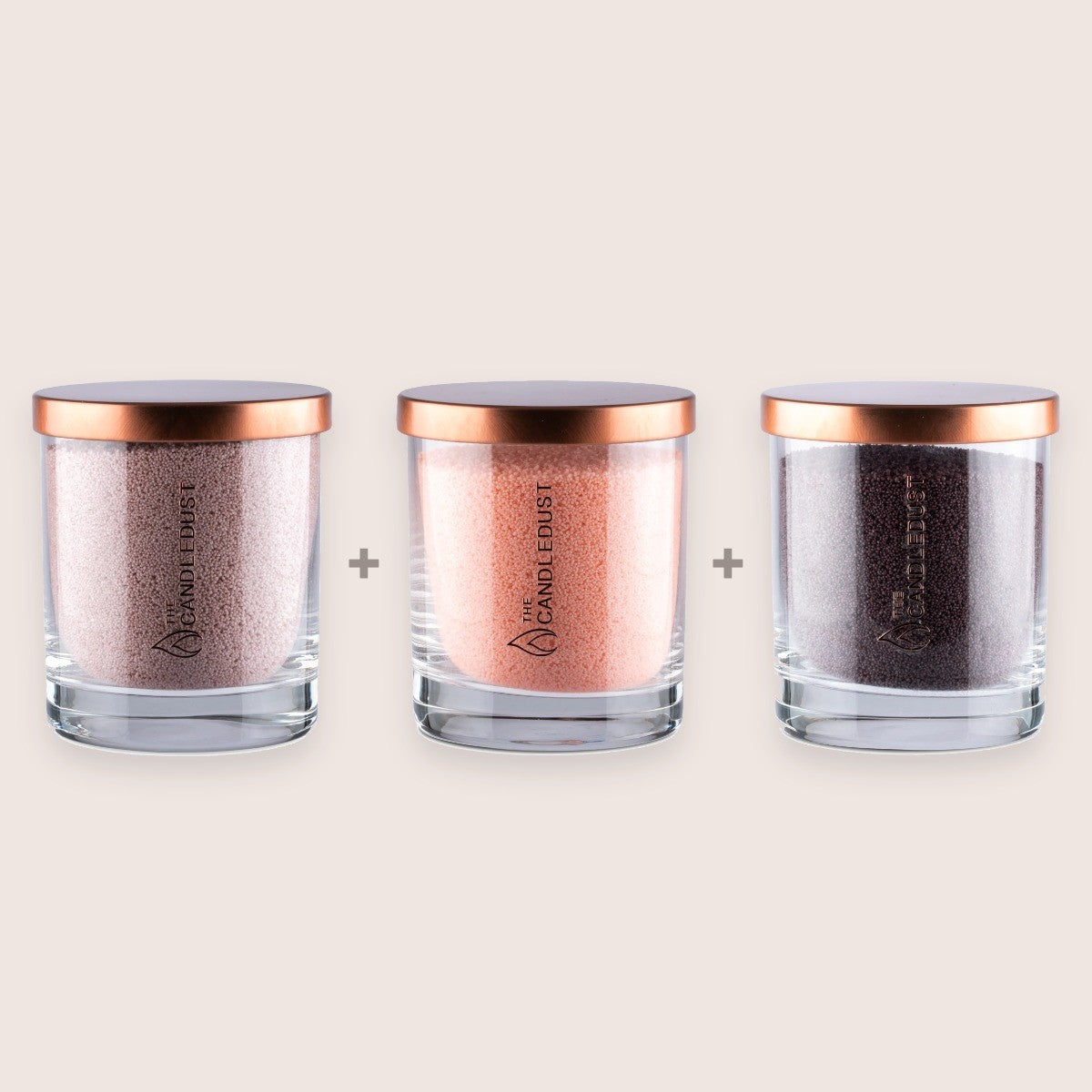 Candledust Soft Colour Trio featuring Nude, Peach, and Dark Lilac unscented pearled candles in 160g glass jars