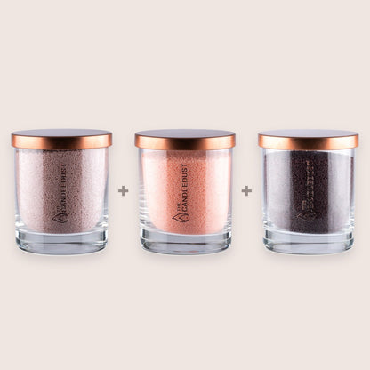 Candledust Soft Colour Trio featuring Nude, Peach, and Dark Lilac unscented pearled candles in 160g glass jars