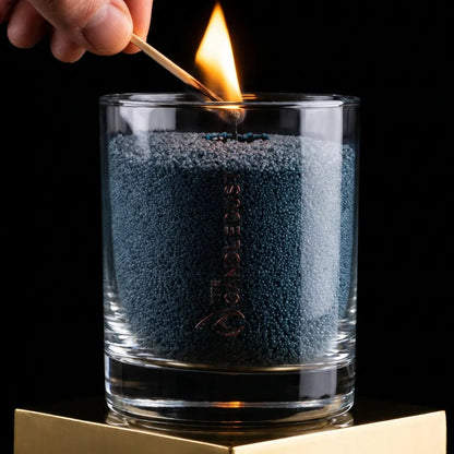 Front view of a man's hand lighting the cotton wick of a Space Grey unscented pearled sand candle in glass on a black background