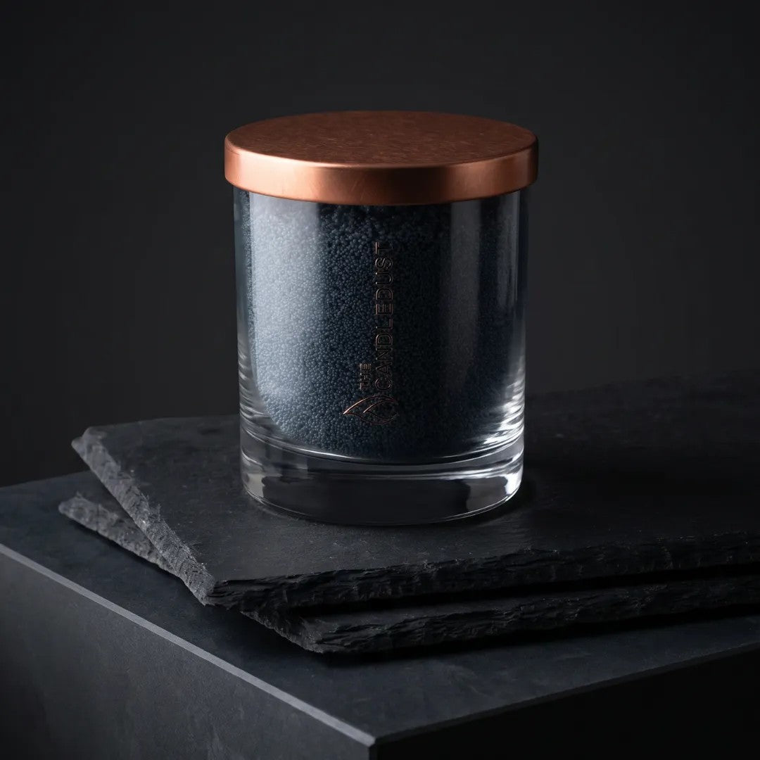 Candledust Space Grey unscented pearled candle in a 160g glass jar on a black tiles