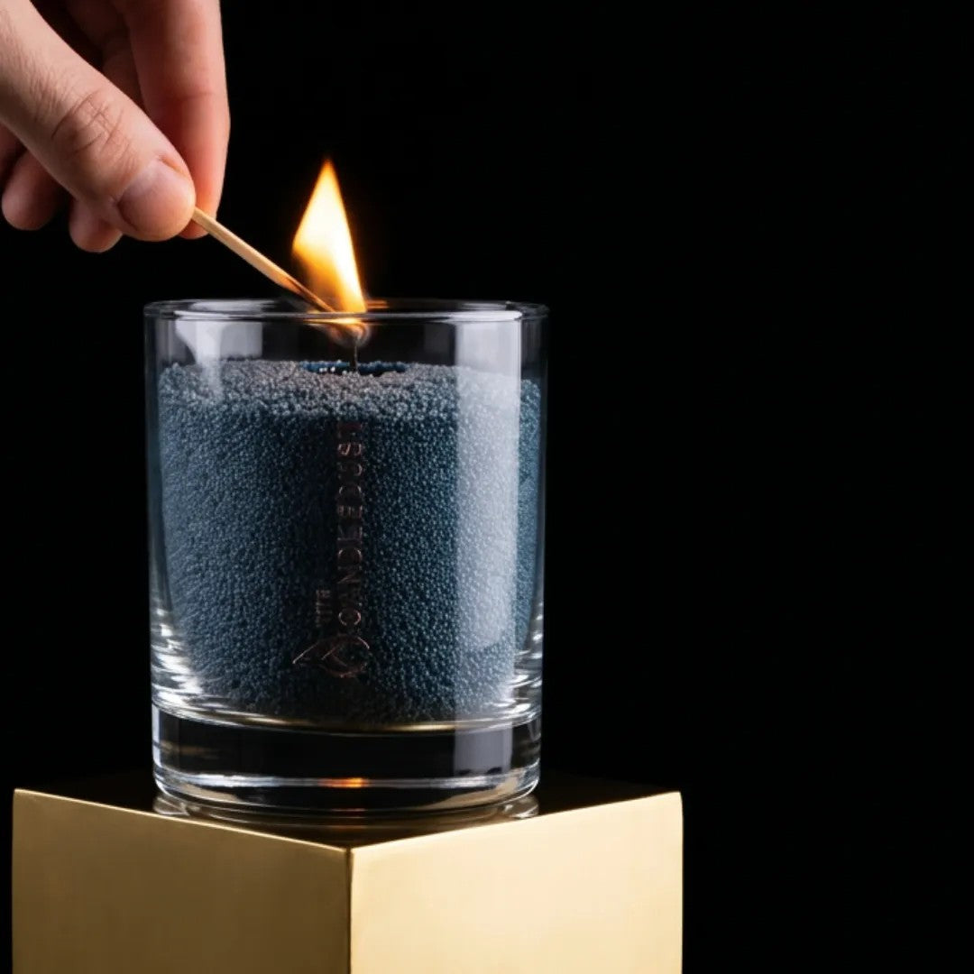 Close-up of a man's hand lighting the cotton wick of a Space Grey unscented pearled sand candle in glass