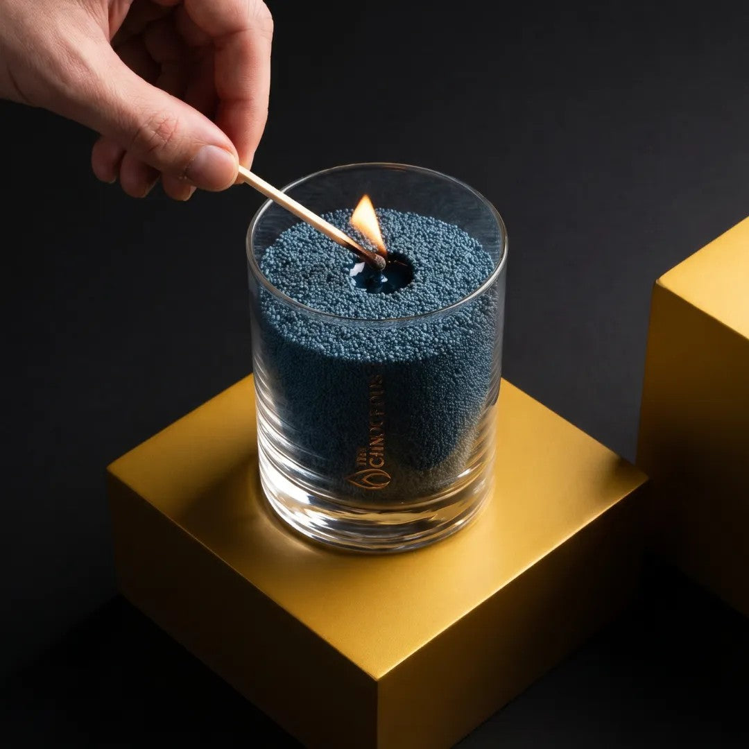 Top view of a man's hand lighting the cotton wick of a Space Grey unscented pearled sand candle in glass