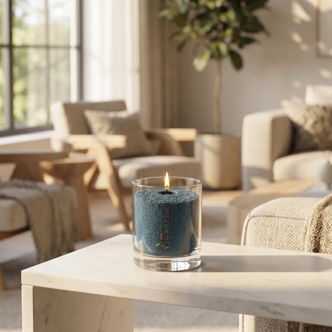 Modern minimalist interior styling featuring a lit Space Grey unscented glass candle displayed on a clear table