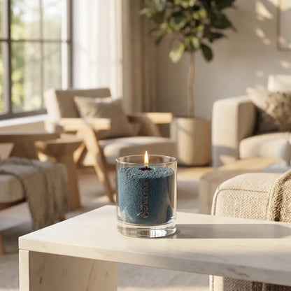 Modern minimalist interior styling featuring a lit Space Grey unscented glass candle displayed on a clear table