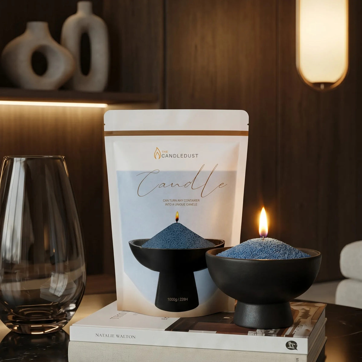 Cozy living room atmosphere with a Space Grey pearled sand candle burning cleanly on a coffee table