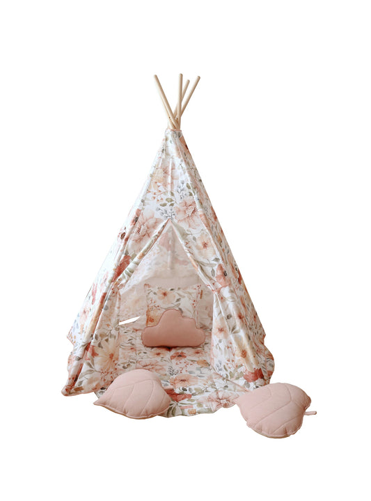 Moi Mili Flower Power Teepee Tent - High-quality floral cotton play tent with pine poles