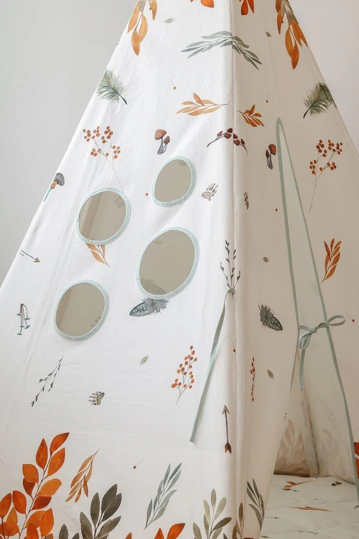 Close-up of the reinforced stitching and woodland animal pattern on the Forest Friends teepee