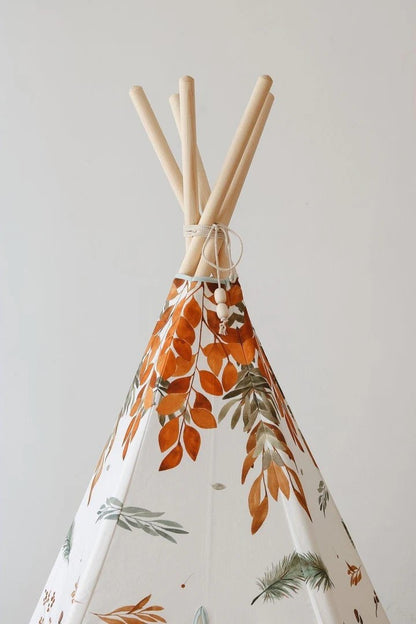 Close-up of the reinforced stitching and natural pine wood structure of the Forest Friends tent 