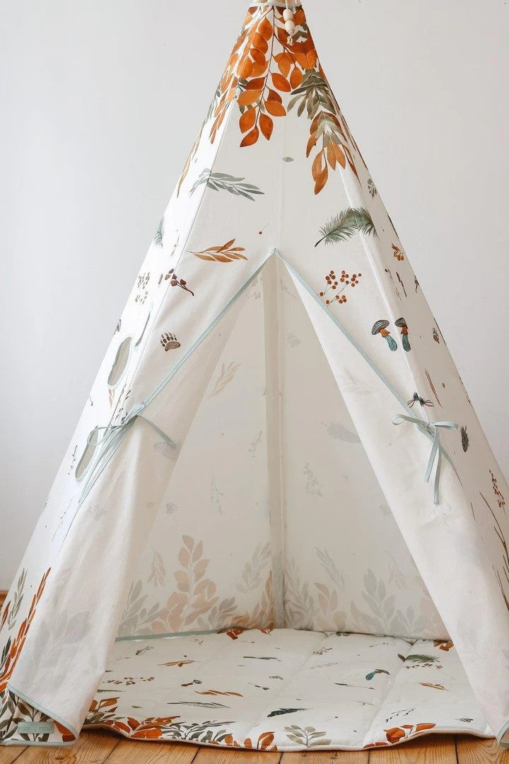 Door View Moi Mili Flower Power Teepee Tent - High-quality floral cotton play tent with pine poles