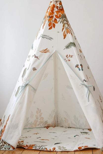 Door View Moi Mili Flower Power Teepee Tent - High-quality floral cotton play tent with pine poles