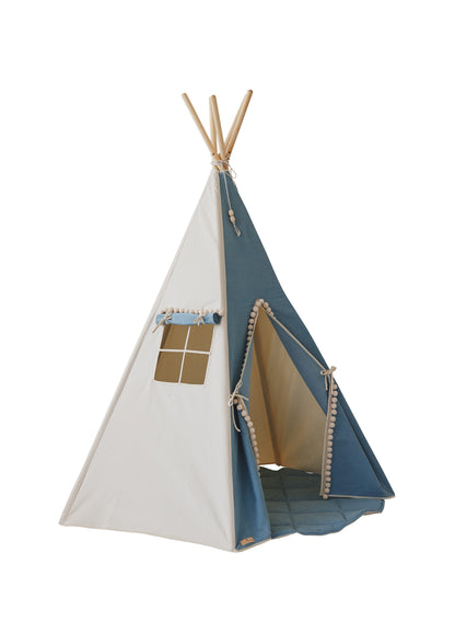 Side view Moi Mili Jeans Teepee Tent - High-quality soft blue denim play tent with cream pompoms