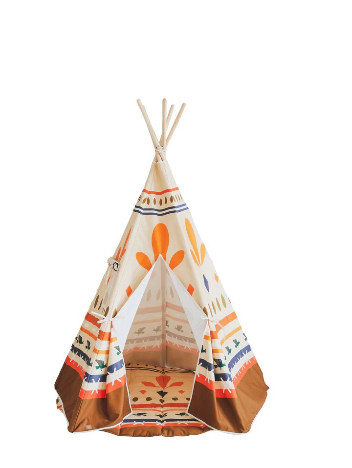 Front view Moi Mili Native Vibe Teepee Set - Premium cream cotton play tent with matching padded floor mat
