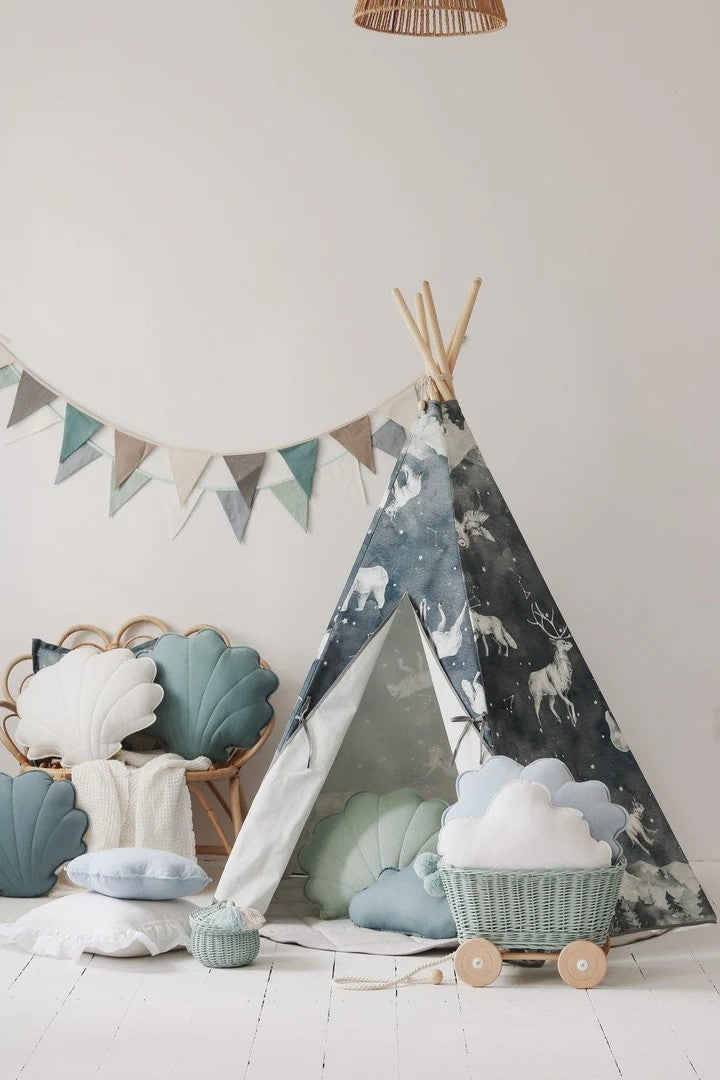 Moi Mili Night Sky Teepee Tent - High-quality deep blue cotton play tent with white star print