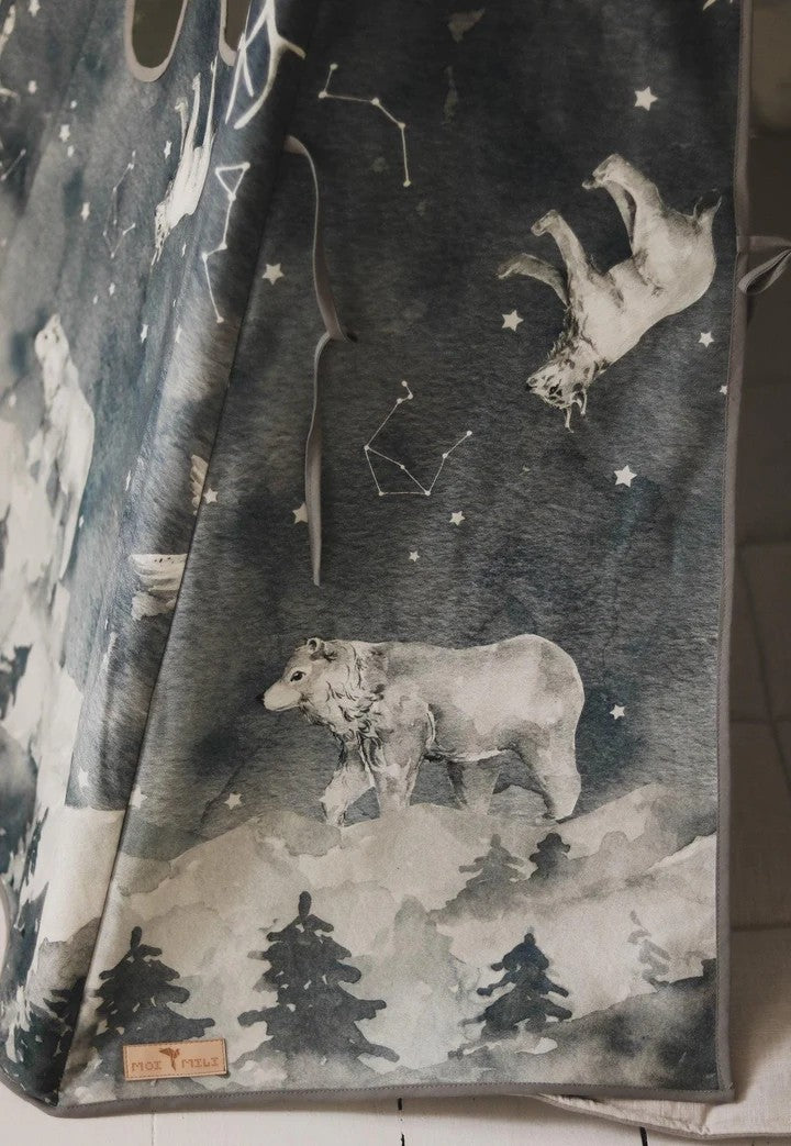 Detailed view of the celestial star and constellation pattern on durable navy canvas fabric