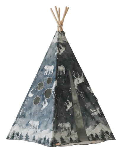 Side view Moi Mili Night Sky Teepee Tent - High-quality deep blue cotton play tent with white star print