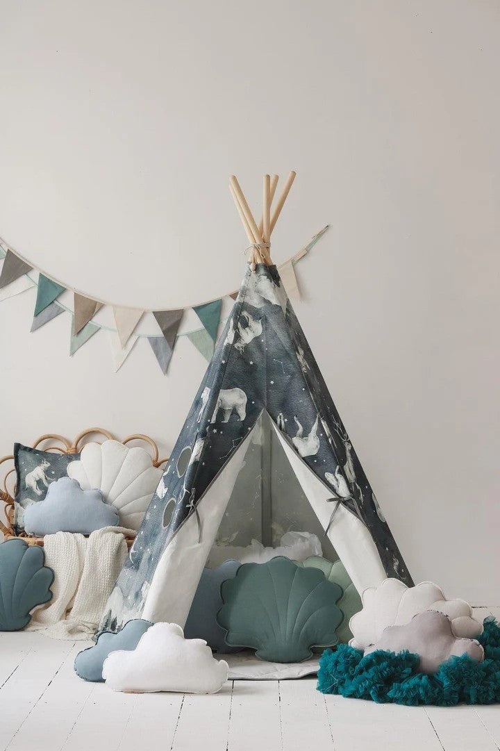 Front View Moi Mili Night Sky Teepee Tent - High-quality deep blue cotton play tent with white star print