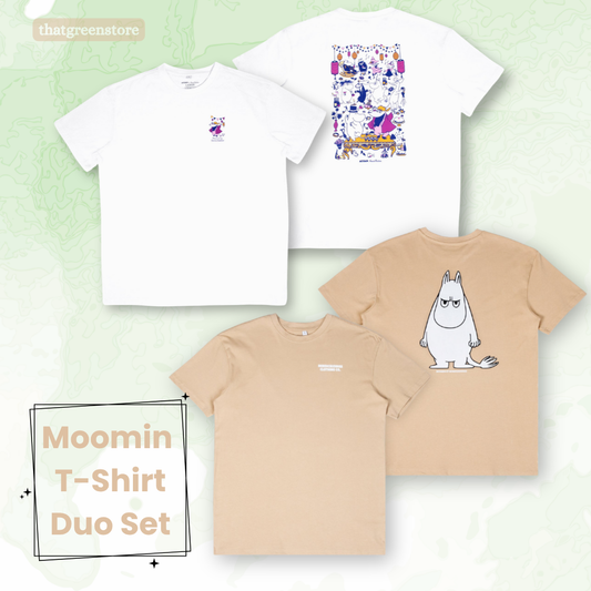 Official Moomin T-Shirt Duo Set displayed on a light green textured background. The bundle features one white and one beige unisex tee with classic Moomin character prints by Nordicbuddies.