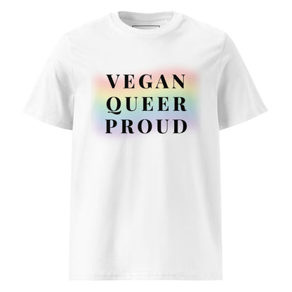 Main front view of the premium organic cotton t-shirt, featuring the "Vegan queer proud" graphic on the chest.