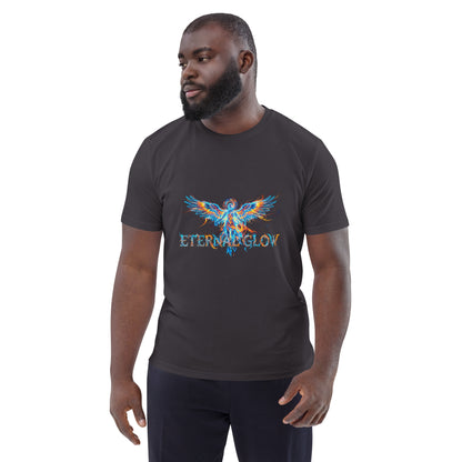 Male model wearing the Eternal Glow organic cotton t-shirt, front view. anthracite