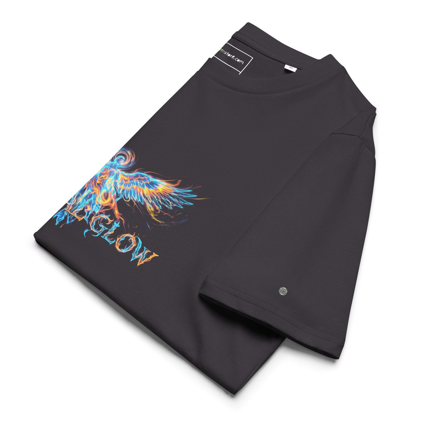 Side view of the folded Eternal Glow t-shirt displaying the hem. anthracite