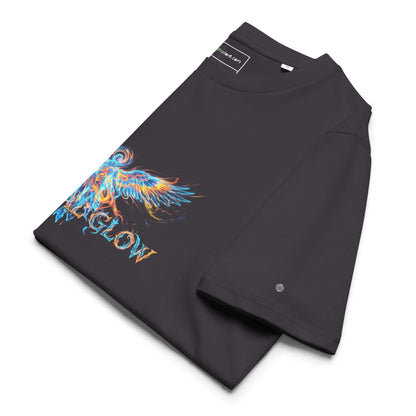 Side view of the folded Eternal Glow t-shirt displaying the hem. anthracite