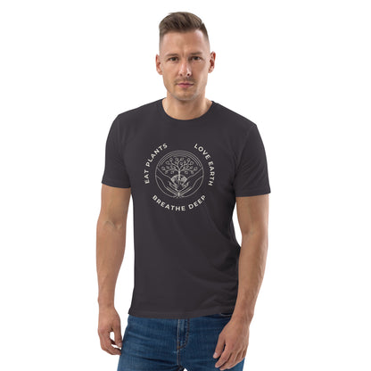 Male model wearing the unisex "Love Earth" organic cotton t-shirt in Anthracite, showing the minimalist tree and globe design and the comfortable medium fit,
