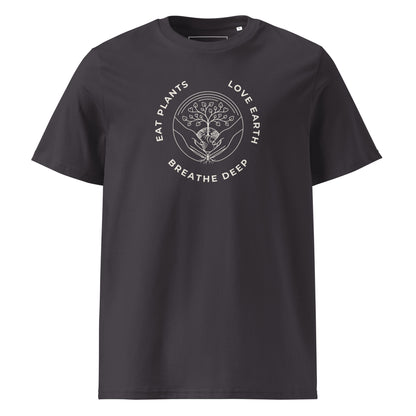 Main front view of the premium organic cotton t-shirt in Anthracite, featuring the "Eat Plants, Love Earth, Breathe Deep" circular graphic on the chest.