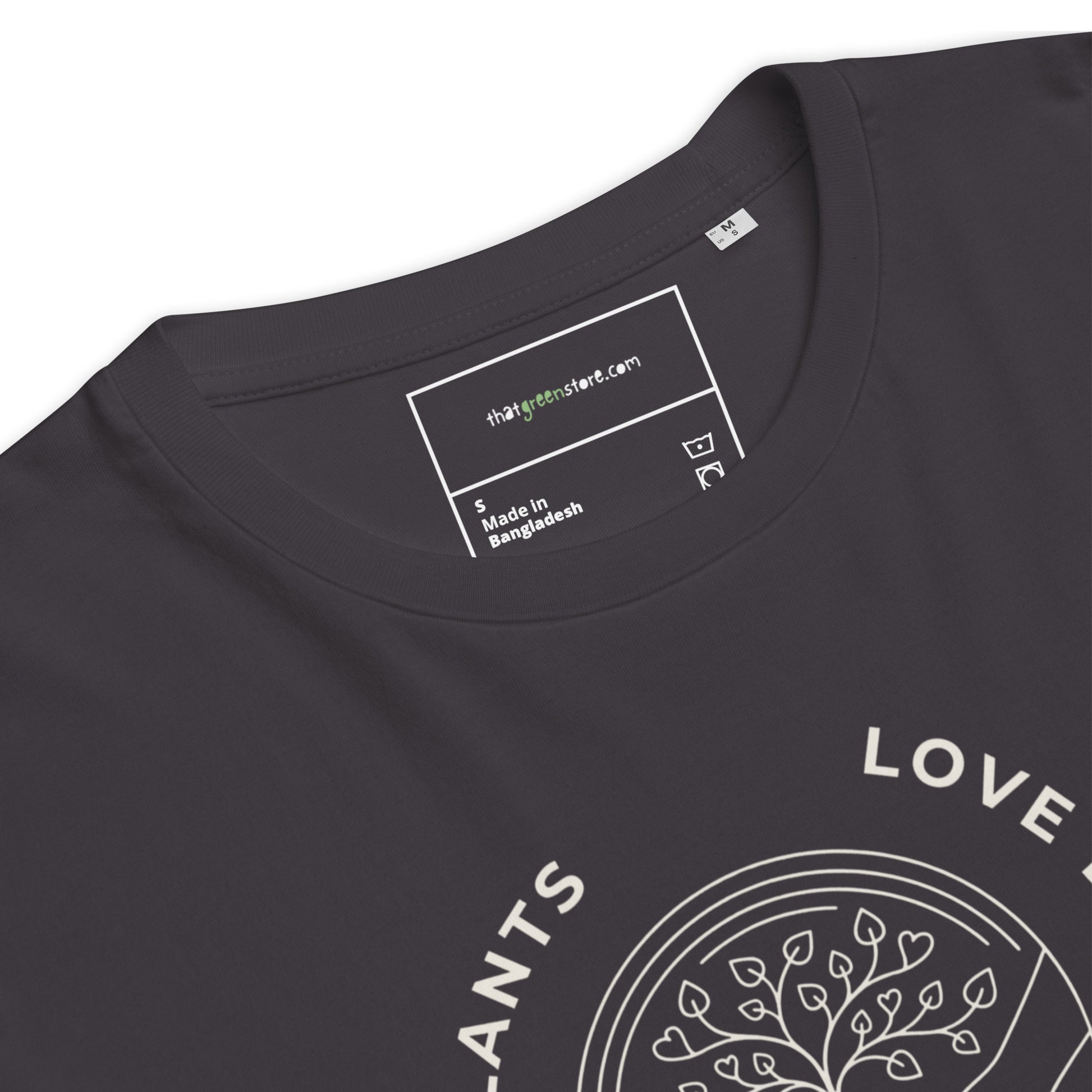 Close-up detail of the ribbed collar and custom inner neck tag on the "Love Earth" premium organic t-shirt, highlighting the high-quality stitching and neck tape. Anthracite