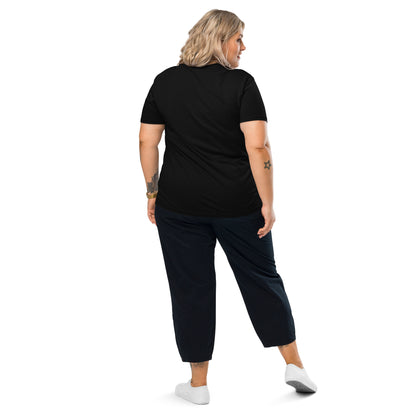 Back view of Woman wearing a black organic cotton t-shirt with the vintage cream MUM MODE ACTIVATED graphic, looking confident.