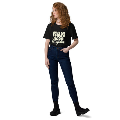 A woman casually modeling the vintage style Black t-shirt with the MUM MODE ACTIVATED graphic."