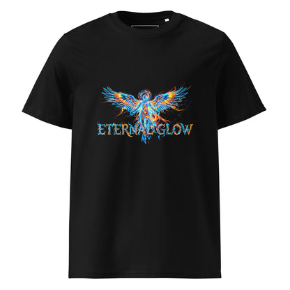 Flat lay front view of the Eternal Glow organic cotton t-shirt. black