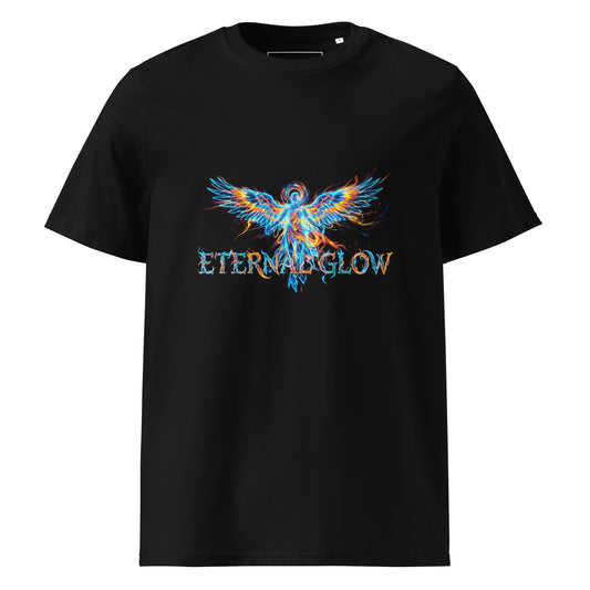 Flat lay front view of the Eternal Glow organic cotton t-shirt. black