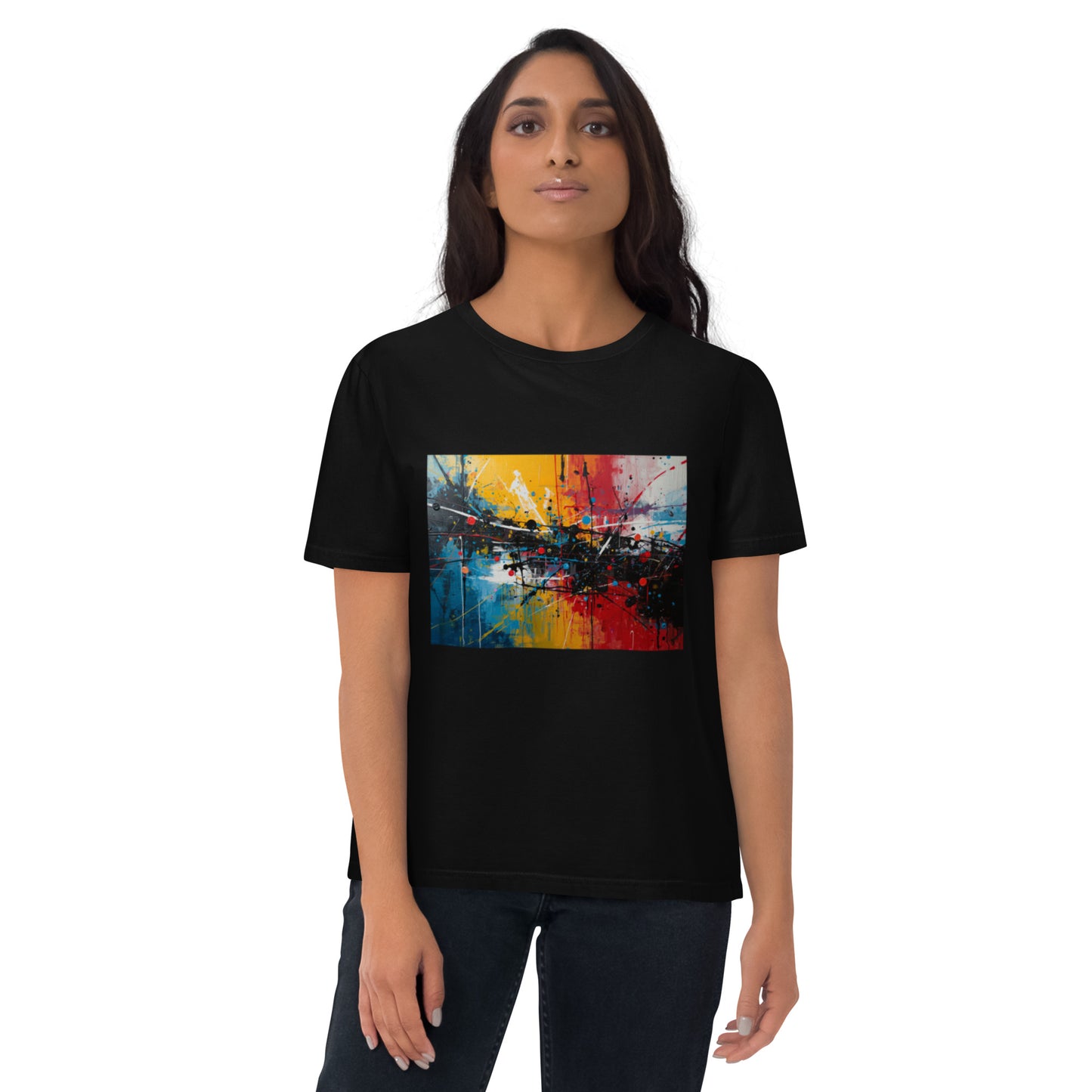 Female model wearing the City Pulse organic cotton graphic tee, front view. black